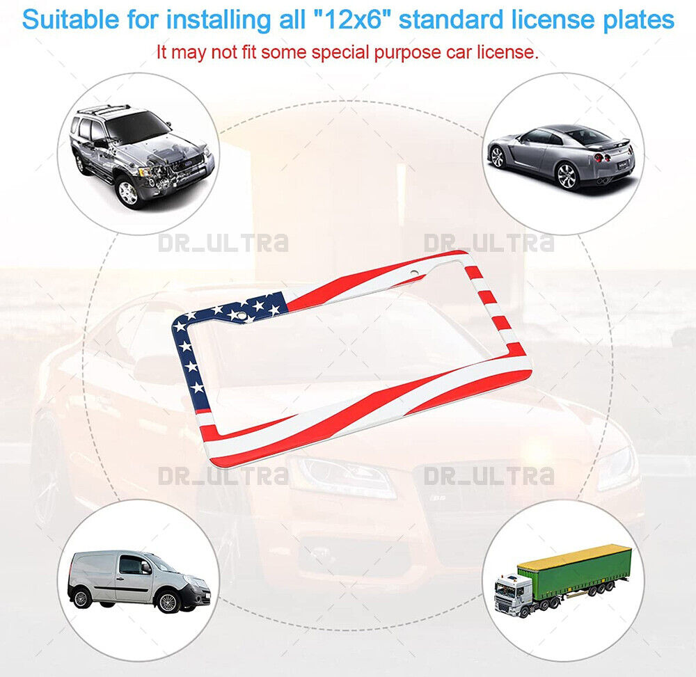2x Universal Stainless Steel USA American Nations Flag Car License Plate Frame