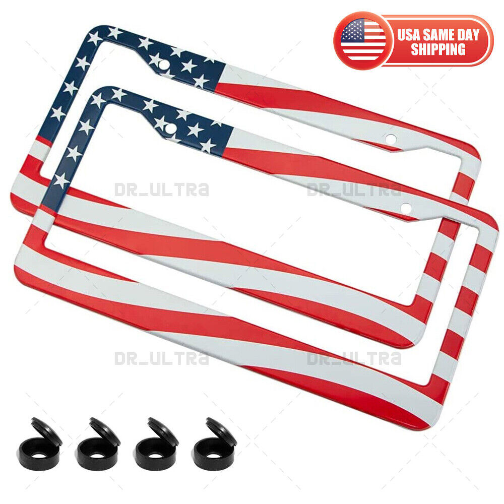 2x Universal Stainless Steel USA American Nations Flag Car License Plate Frame