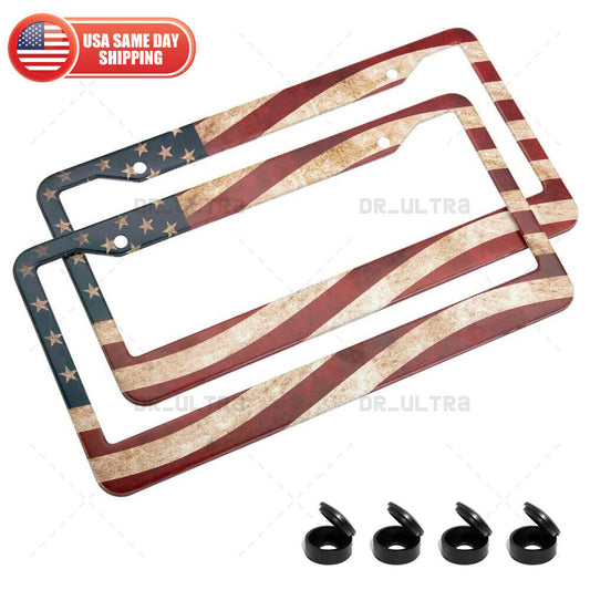 2x Universal Stainless Steel Retro USA American Nations Flag License Plate Frame