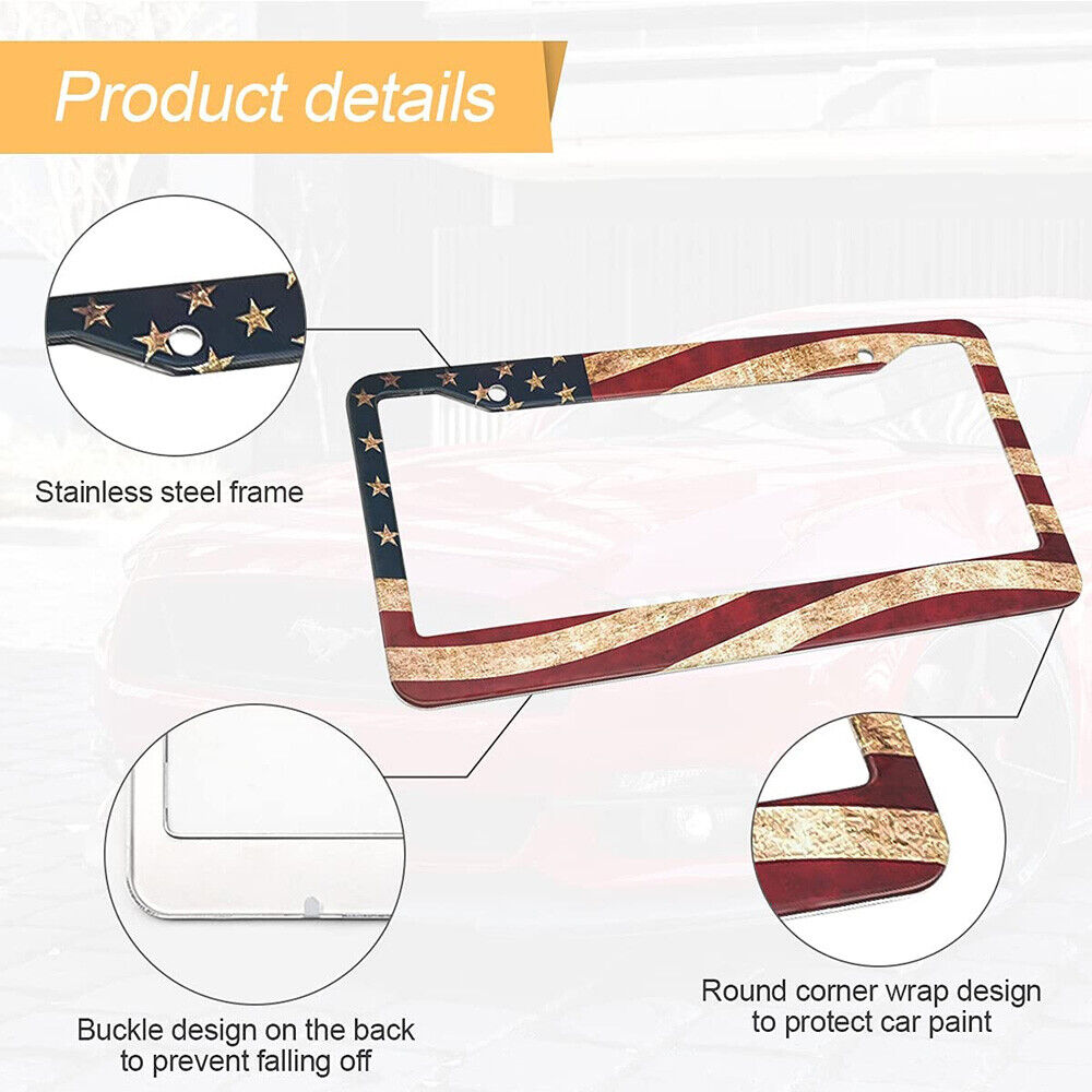 2x Universal Stainless Steel Retro USA American Nations Flag License Plate Frame