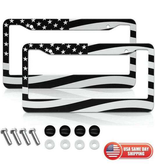 2pcs Black Stainless Steel USA American Nations Flag Car License Plate Frame