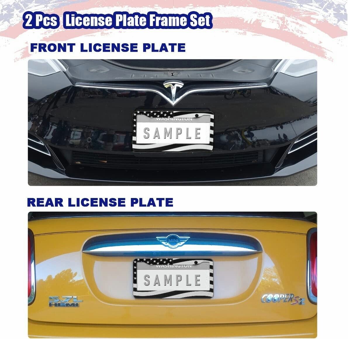 2pcs Black Stainless Steel USA American Nations Flag Car License Plate Frame